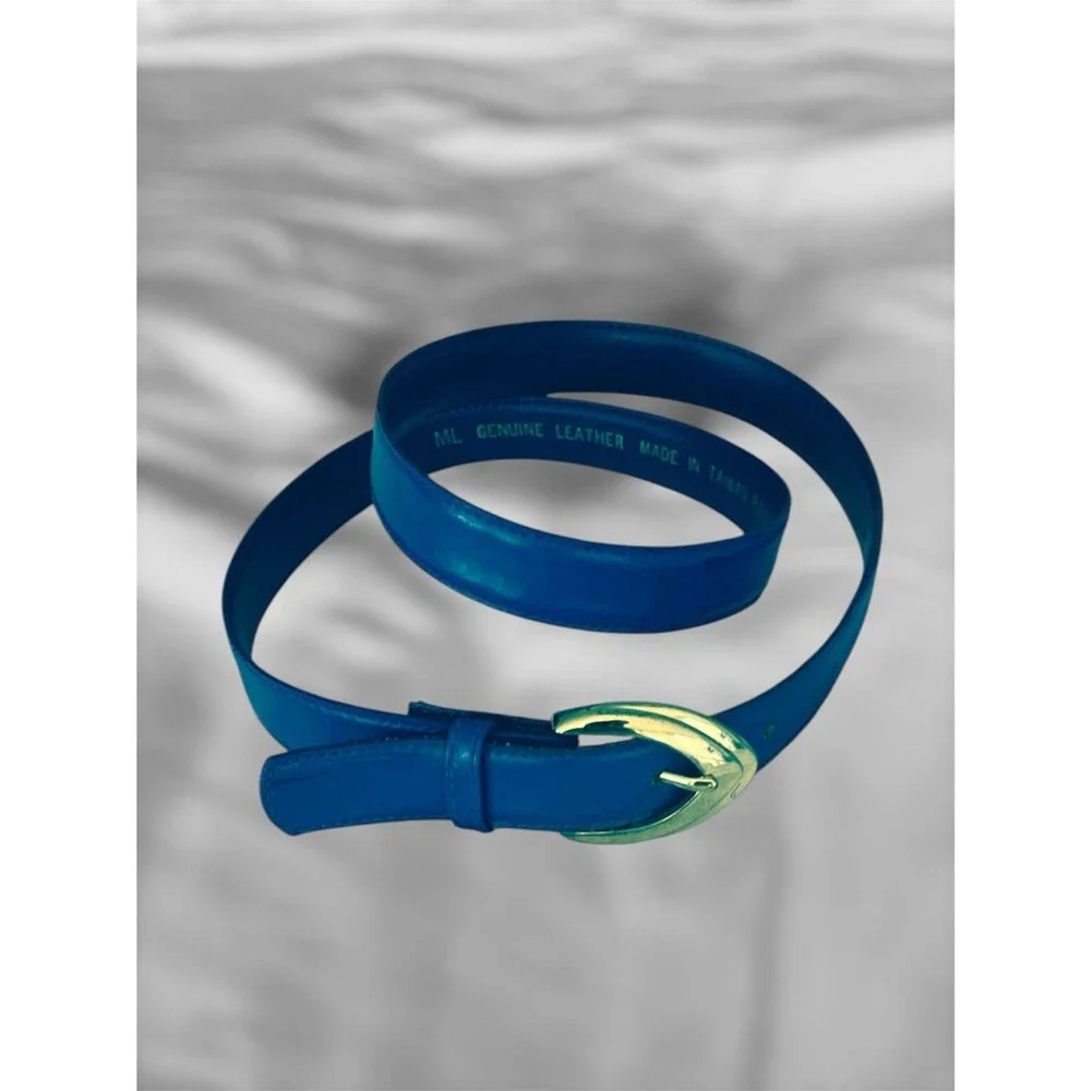 R.O.C Women's Blue Skinny Belt Genuine Leather Size M/L Brass Buckle